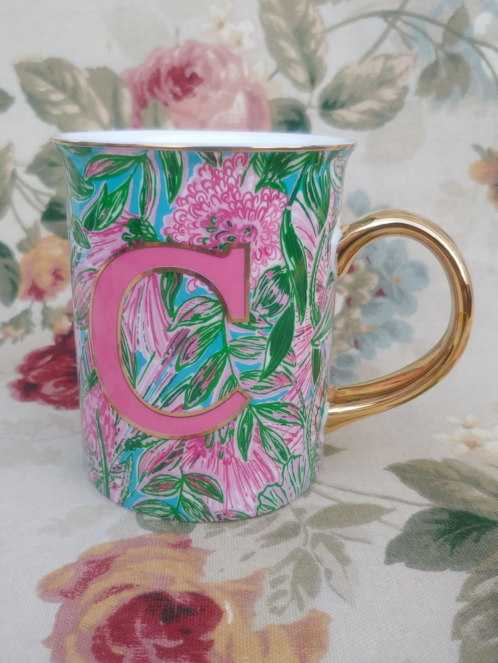 Lilly Pulitzer C Monogram Floral Pink Ceramic Mug with Gold Handle 14 oz